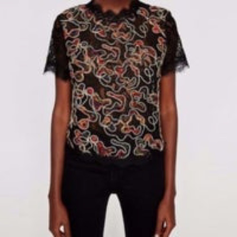 Zara black lace embroidered crop top